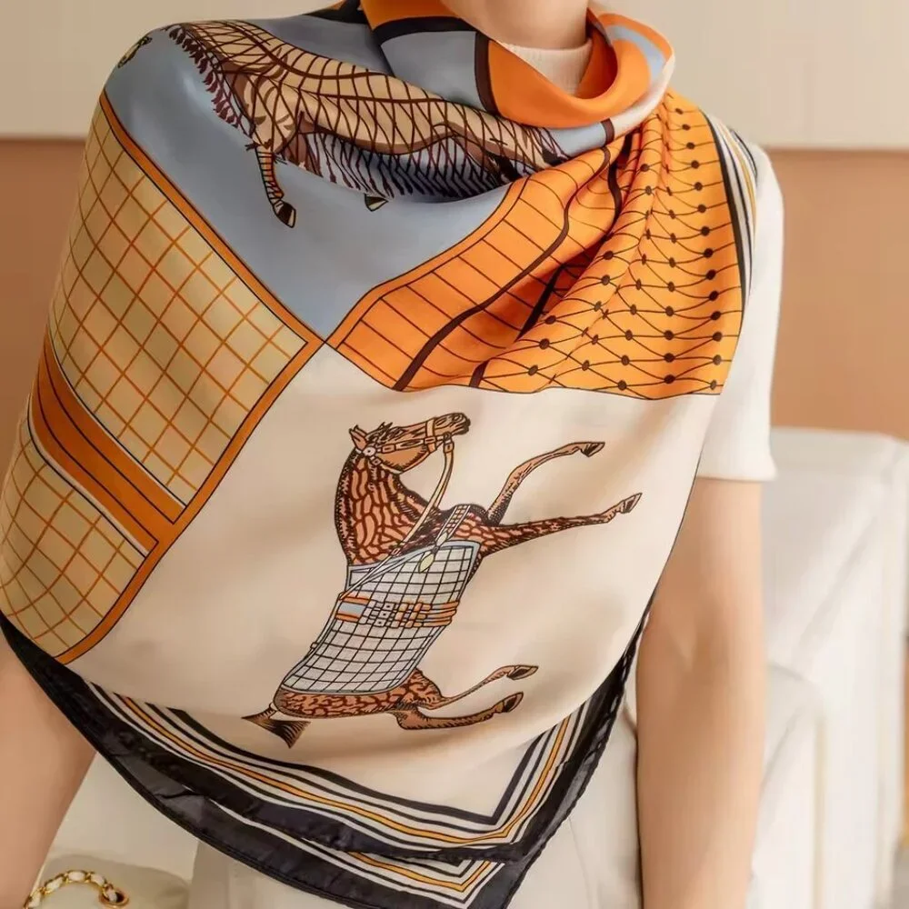 Luxury Vintage Horse Print Square Scarf Silk Feel Shawl Wrap 43x43 in NEW